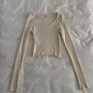 Cream Brandy Melville Ribbed Long Sleeve Top (Small)